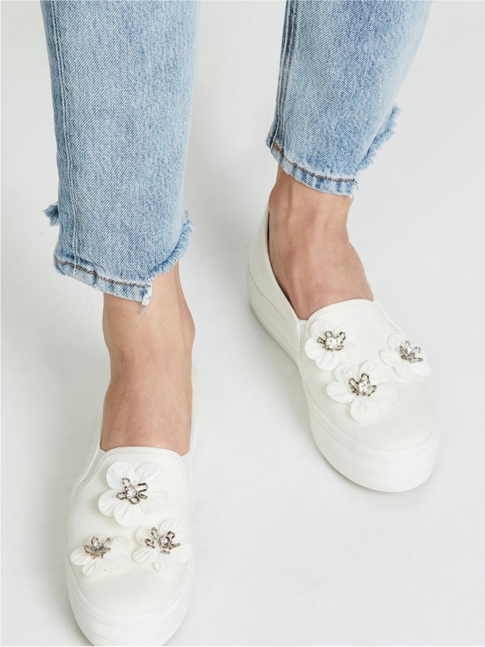 Keds X kate spade White Floral Slip-On Platform Sneakers Embellished Bridal 8.5